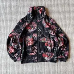 フリースジャケット ジップアップ レディース アウター L 花柄 和柄 長袖 黒