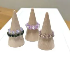 B629　ビーズ❀リング　3点セット　藤色　約14〜16号