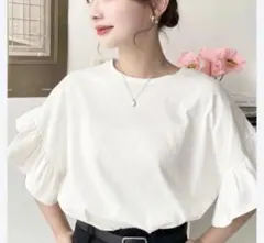 フリル袖 半袖Tシャツ ホワイトのサムネイル
