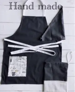 値下げエプロン三角巾巾着3点子供用キッズストライプカフェコーヒーパン柄150黒