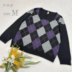 【e.a.p】アーガイルチェック柄ニット セーター クルーネック ブラック M