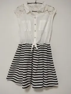 ホワイト ストライプ ノースリーブ ワンピース 膝丈 M