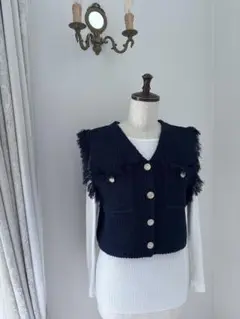 【美品】CADUNE カデュネ　ニットジレ　紺　ツイード　ベスト　36