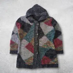 総柄フードニット ロングカーディガン M L グランジ