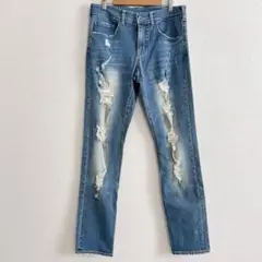 レディース　ダメージ加工　デニムパンツ　ストレッチ　クラッシュ加工　ジーンズ　L