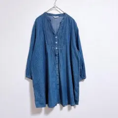シャツ　ブラウス　チュニック　七分袖　ストライプ　LL　ゆったり　綿　紺