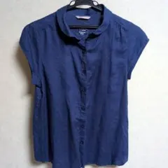 ネイビー　フレンチスリーブ　フレンチリネン　袖無しシャツ　ブラウス　ノースリーブ