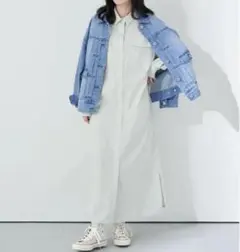 ワークシャツワンピース　グリーン　ストライプ