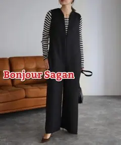 ボンジュールサガン ディープVネックツイードオールインワン 黒