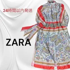 ZARA ザラ　ペイズリー柄　スカーフ　シャツワンピース　七分袖　赤