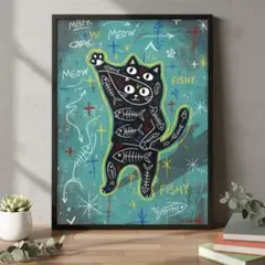 A4 猫のパーカー脱ぐ猫ストリートアートポスター　グラフィック　北欧　インテリア