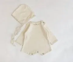 美品☆MONBÉBÉ ワッフルロンパース&ボンネットセット 退院着 ニューボーン