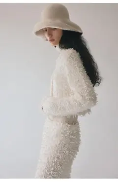 【冬限定】モヘア混 ハイネック ニットカーディガン　ホワイト/グリーン