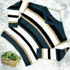 【one way】ストライプ柄Vネックリブニットセーター(M)マルチカラー