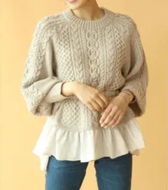 Arpege story ベージュ　ドッキングケーブルニット　プルオーバー　M