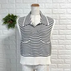 a1120 ZARA 美品ボーダーニットベストS ポロカラーVネックサマーニット