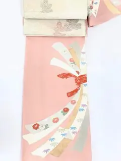 くすみピンク 友禅 訪問着 プラチナ箔帯、帯締め帯揚げフルセット 入卒 