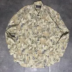 【長袖シャツ】総柄　アート柄　レトロ　テロ感　ベージュ　使用感　古着