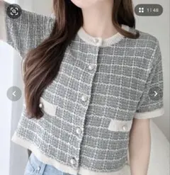 【mily bilet】パールボタン　ツイード編みニットカーディガン　半袖　新品のサムネイル