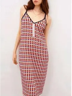 【ZARA】幾何学柄 ニットキャミソールワンピース M レトロ マルチカラー
