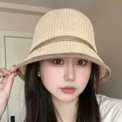 ベージュ レディース バケットハット 麦わら帽子 小顔 韓国風 夏 熱中症 帽子