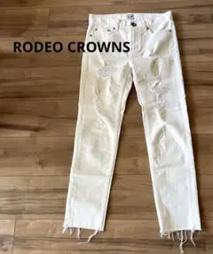 RODEO CROWNS ホワイトデニムパンツ ダメージ加工 フリンジ裾