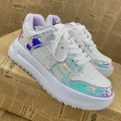 新品★レディース★23.5cm★Fレザー 厚底スニーカー 白 虹色 3413