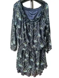 ✨ほぼ未使用品✨花柄ダークブルーワンピース 長袖 Mサイズ