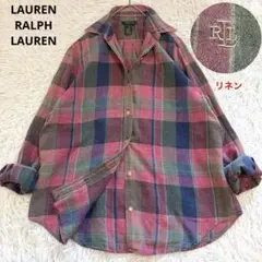 美品　ローレンラルフローレン　マドラスチェック　リネンシャツ　ロゴ刺繍　Ｍのサムネイル