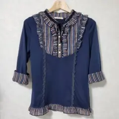 axes femme シアーストライプハイネックカットソー ネイビー