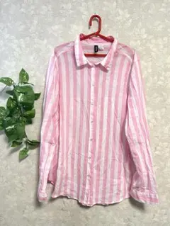 ピンクと白のストライプ長袖シャツ　大きめ　ビッグシルエット