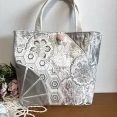 No.24 帯リメイクトートバッグ 扇シルバー &ピンク