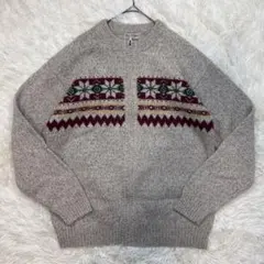 【ウール100%】ノルディック柄 フルジップ ニット ジャケット L 肉厚