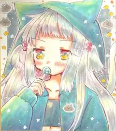 【送料込】オリジナル 手描きイラスト 飴とジト目と猫耳パーカー 【小色紙】