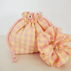 ♡パステルカラーのチェック柄がかわいいポーチ&シュシュセット♡