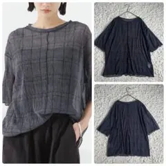 【美品】ナノユニバース 楊柳チェックシアーカットTシャツ ブラックのサムネイル