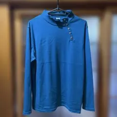 青 ボタン付きハイネック長袖トップス LL