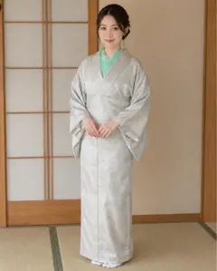 着物 長襦袢　襟　セット　楓　地紋　シルバーグリーン　和服