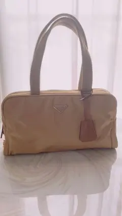 PRADA ミニボストンバッグ ハンドバッグ 三角プレート ナイロン 　ベージュ