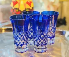 切子グラス  4個セット ブルー グラス  ガラス ビールグラス ビアグラス