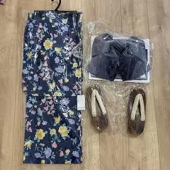 ネイビー花柄浴衣・帯・下駄 セット フリーサイズ
