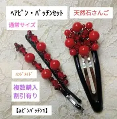 【aピンパッチ1】ヘアピン，パッチンセット(天然石)サンゴ赤