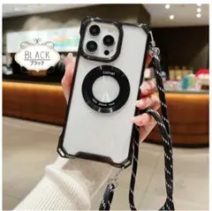 iPhone13/14 ケース ブラック MagSafe ショルダーストラップ