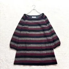 クチュールブローチ【38】赤×黒×グレー ボーダー 長袖チュニック 毛混 厚手