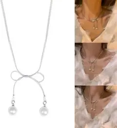 ネックレス　チョーカー　スネーク　チェーン　シルバー　リボン　パール　KPOP