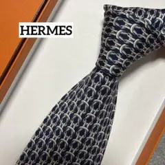 美品　エルメス　ネクタイ　紺　幾何学模様　シルク