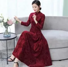 【新品・未使用】花柄裏起毛チャイナ風ロングドレス 長袖