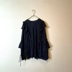 PLAIN PEOPLE ギャザーシアーブラウス 袖口フリル 自宅洗濯可能 紺色 