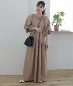 ディスコート 前後2way ティアード　袖バルーン　ワンピース　ベージュ
