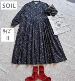 美品 SOIL 花柄ロングワンピース バンドカラー コットン ピンタック L